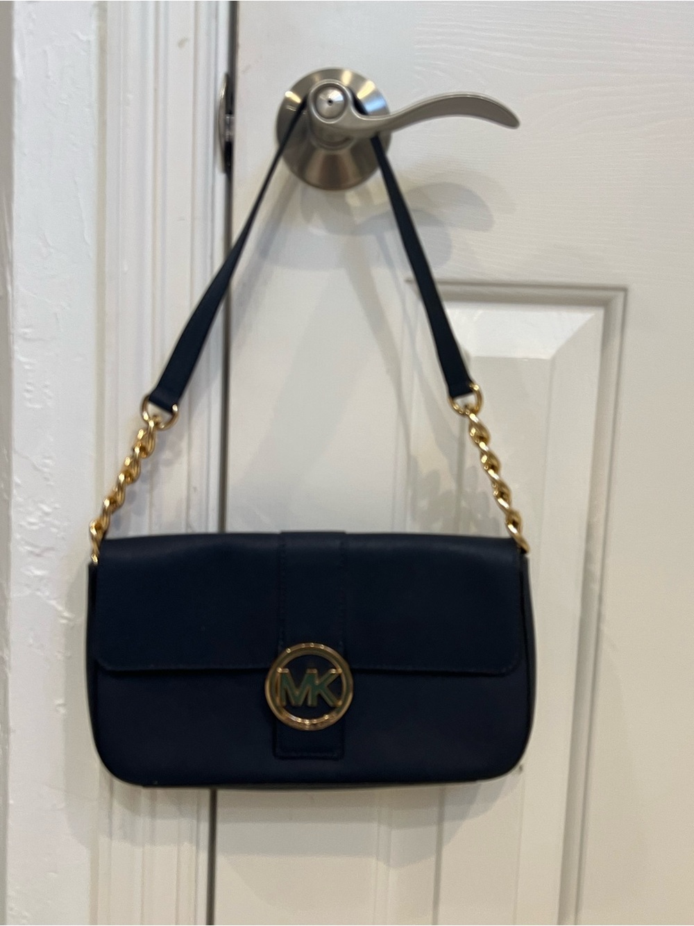 Michael Kors Navy Leather Shoulder Bag with Gold MK Accent